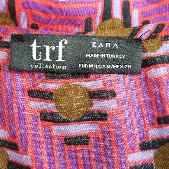 Zara TRF Pink Retro Print Geometric V-Neck Collared Short Sleeve Blouse Shirt M - Picture 3 of 6